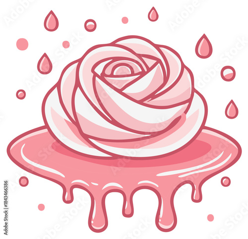 Cartoon pink rose with dripping glaze dessert confectionery vector design