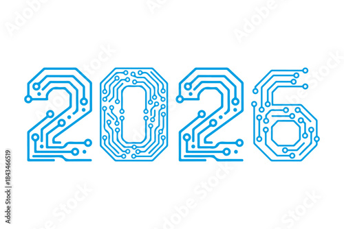 Digital number design for the year 2026, created with a blue electronic circuit board pattern, symbolizing future tech, innovation, and digital trends. Ready in PNG, JPG, and editable EPS formats.