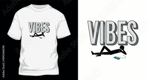 Vibes typography t shirt design with stick figure man listening to music
