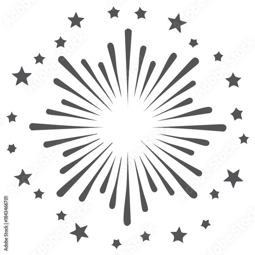 Starburst design with surrounding star shapes, vector illustration of explosive radiant sun rays