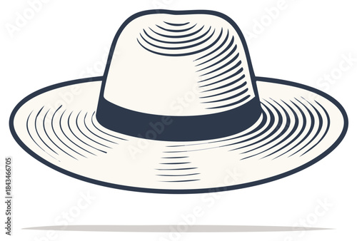 Classic men's Panama hat or fedora with dark ribbon in a vintage engraving vector style