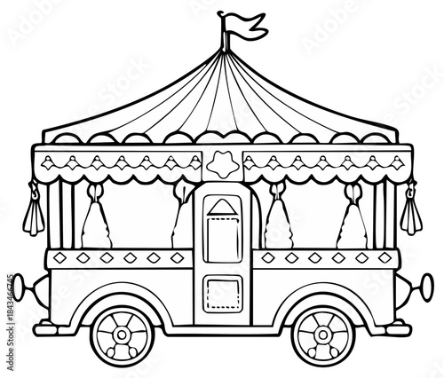 Cartoon drawing of an old-fashioned circus wagon with a flag on top.