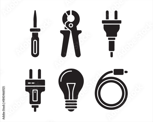 electrical tools silhouette, electrician icons vector, wire cutter silhouette, pliers silhouette, insulated pliers vector, voltage tester silhouette, multimeter silhouette, screwdriver set silhouette,