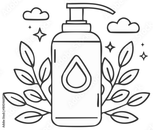 Natural cosmetic pump bottle with plant leaves simple line art illustration for hygiene and skincare