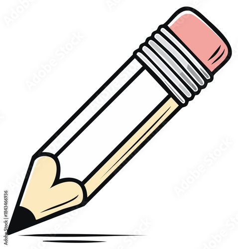 Simple White Pencil With Pink Eraser Tilted and Shadow on White Background