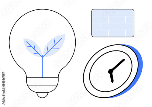 Energy efficiency, sustainability, time management, eco-innovation, renewable energy, design. Light bulb with leaf, clock and brick wall. s energy efficiency and sustainability