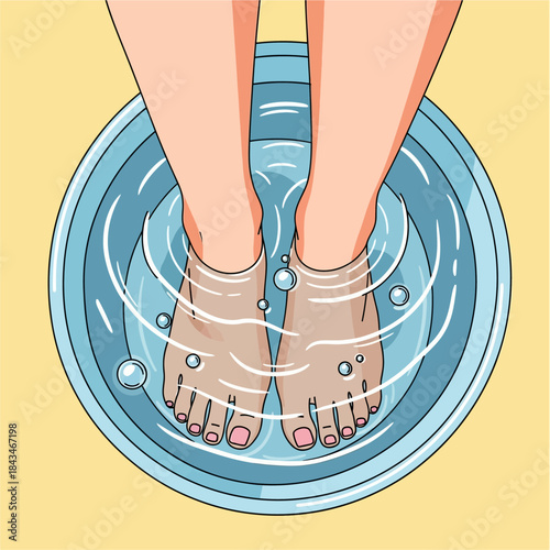 Relaxing Foot Spa Treatment with Soaking Feet in Water Basin