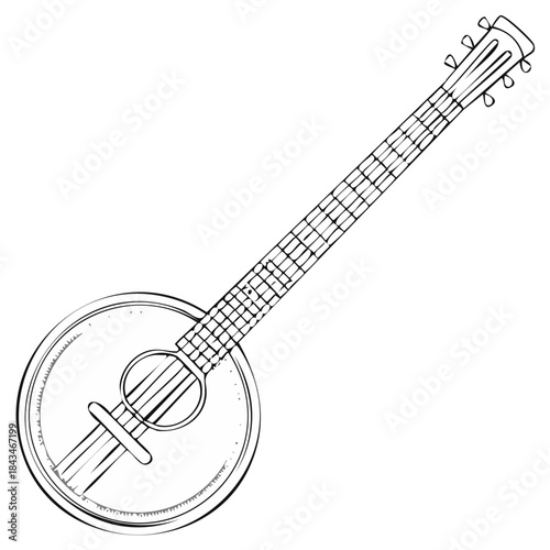 Banjo Illustration Stringed Musical Instrument Music Folk Style Black and White