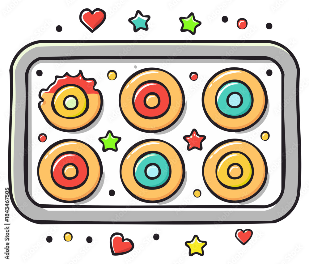 Obraz premium Cute doodle illustration of a baking tray with colorful iced cookies and festive stars and hearts.