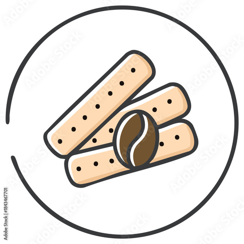 Cartoon Cookie Sticks and Coffee Bean Illustration Inside a Circle Frame