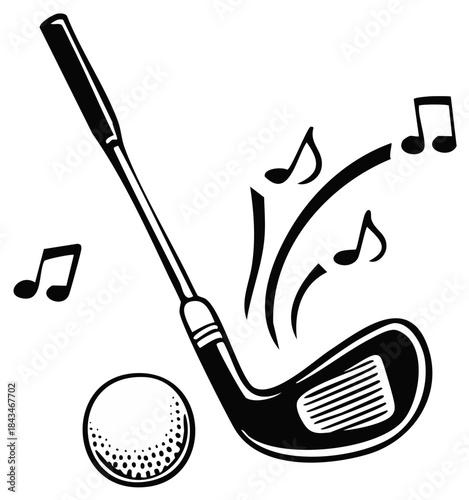 Stylized Golf Club and Ball with Floating Musical Notes Vector Art