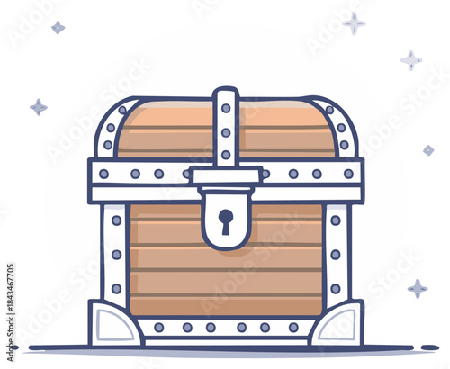 Illustration of a Locked Wooden Treasure Chest with Metal Trim and Sparkling Stars on a White Background