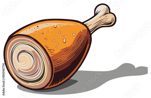 Ham meatloaf vector illustration, cross section reveals layered meaty spiral food