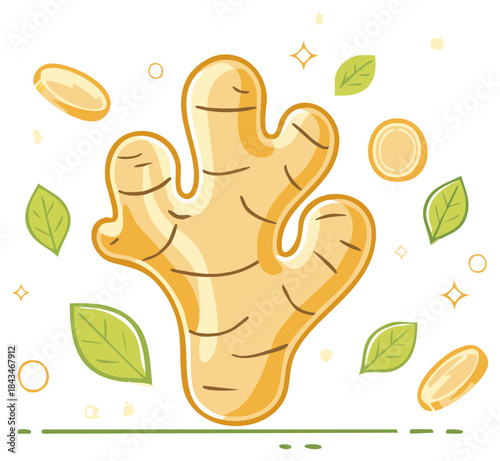 Vibrant Flat Illustration of a Ginger Root Surrounded by Leaves and Slices