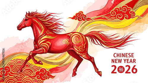 Vibrant Red Horse Galloping Through Golden Swirls Celebrating Chinese New Year 2026