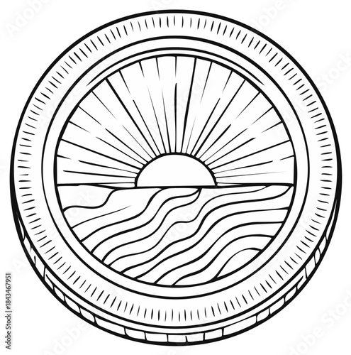 Sun rising over ocean waves inside circular frame illustration