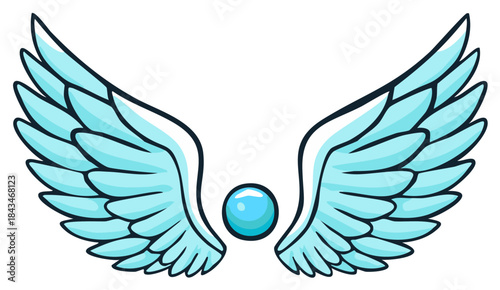 Stylized light blue feathered wings with central orb graphic