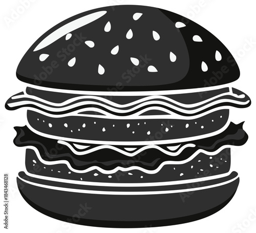 Black and white illustration of a layered burger with sesame seeds on the bun
