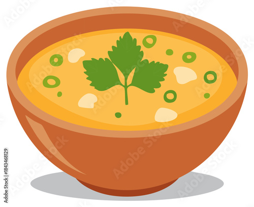 Warm Yellow Soup with Parsley Garnish and Green Onion Slices in a Brown Bowl