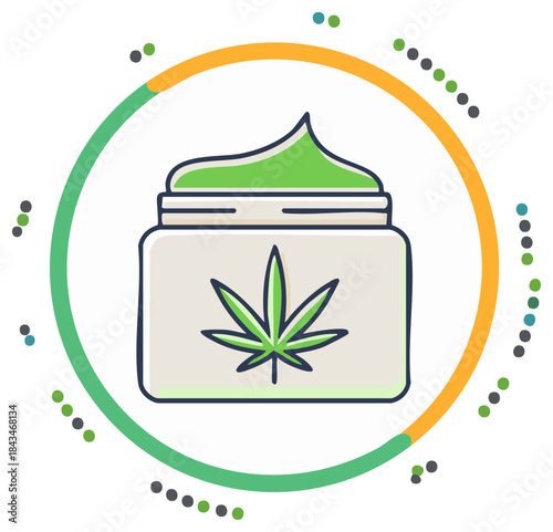 Depiction of Cannabidiol Cream Jar with Cannabis Leaf and Decorative Circular Pattern for Medical or Cosmetic Application