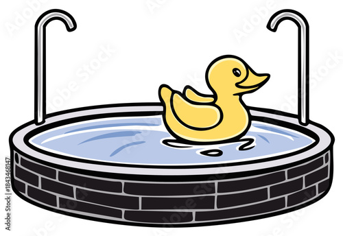 Cartoon yellow rubber duck in brick water well or wishing well illustration