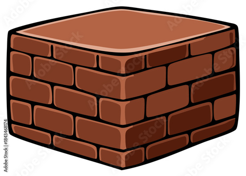 Isometric view of a brick cube with brown bricks and black outlines, vector illustration