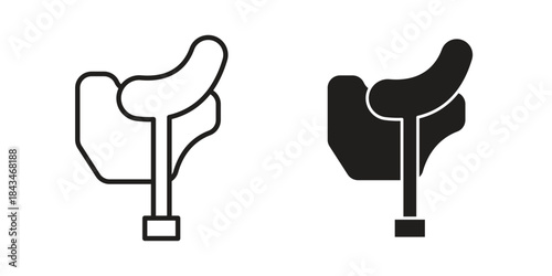 Horse saddle icons. Solid black silhouette and line art outline. Minimal design element,