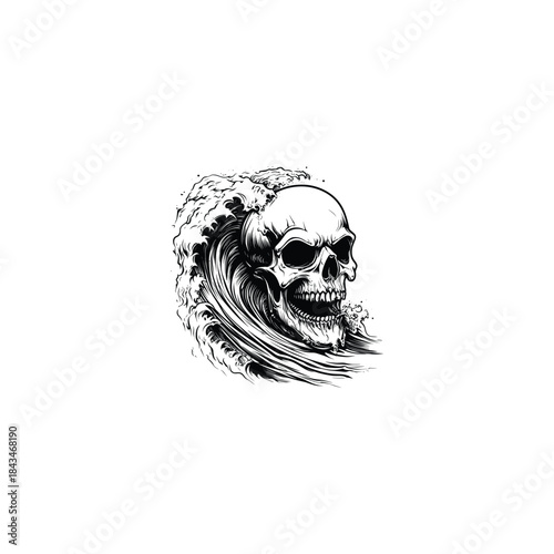 Vintage black and white illustration of a human skull merging with a powerful ocean wave, hand drawn style vector