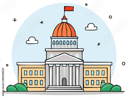Cartoon illustration of a state capitol government building with a large dome and columns
