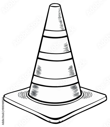 Illustrated Black and White Traffic Cone with Stripes, Road Construction Safety Equipment Symbol