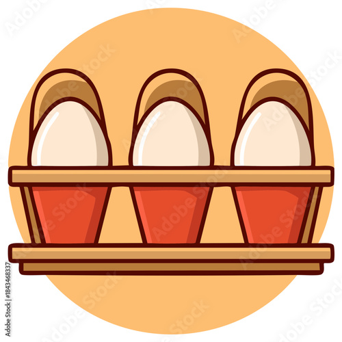 Three white eggs in a red carton, egg container in a minimalistic style