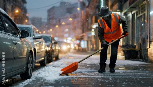Street cleaner in orange vest sweeps snow from sidewalk at night.