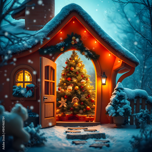 AI Orange Christmas House. A FAIRYTALE ORANGE HOUSE WITH AN OPEN DOOR, INSIDE A FESTIVE CHRISTMAS TREE DECORATED WITH FRUITS, TOYS, AND LIGHTS, BRIGHT DAYLIGHT ENHANCING COZY ATMOSPHERE, SNOWFLAKES FA