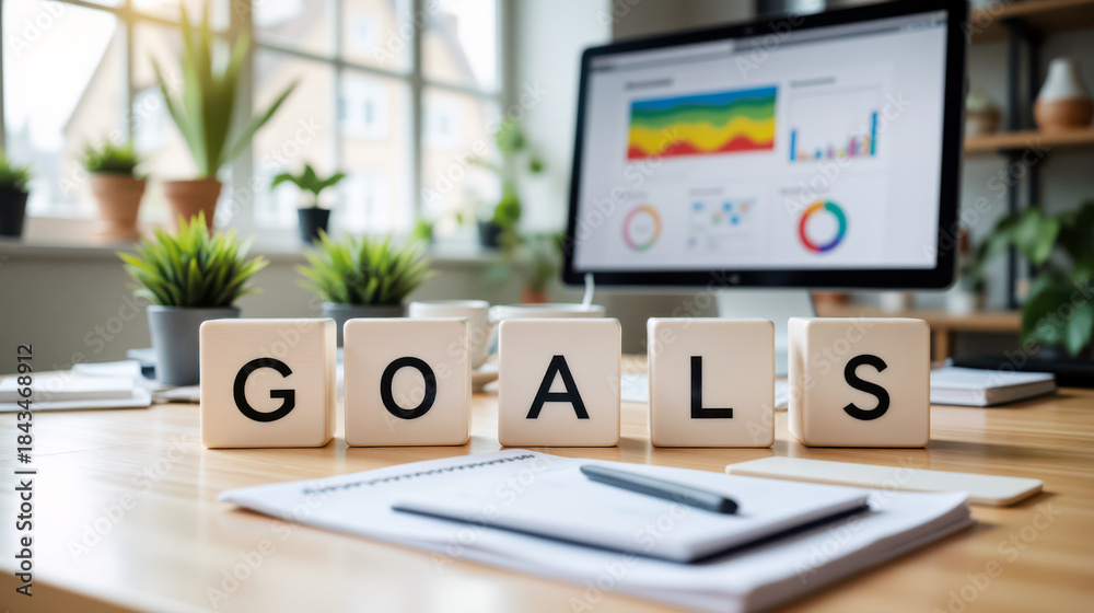 Fototapeta premium Strategy goal achievement plan regarding business objective success and performance target for management priority execution with future vision roadmap implementation and commercial KPI growth