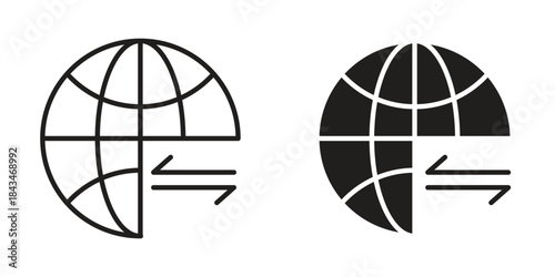 Import-export icons. Solid black silhouette and line art outline. Minimal design element,