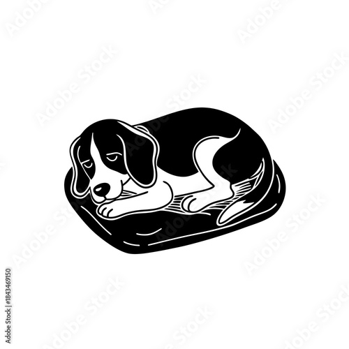 Black and white illustration of a beagle dog resting on a dog bed, looking sleepy or sad.