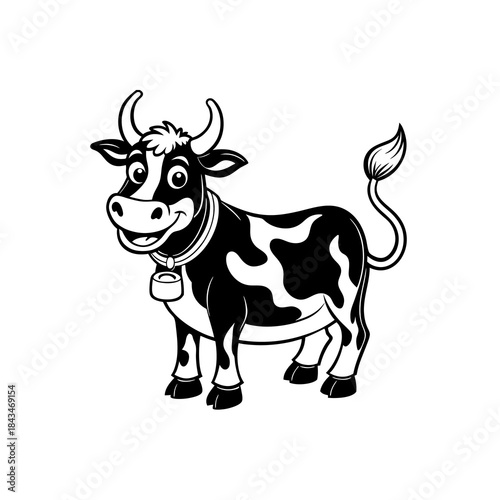 Black and white cartoon cow illustration with a happy expression and a bell around its neck, standing on a white background.