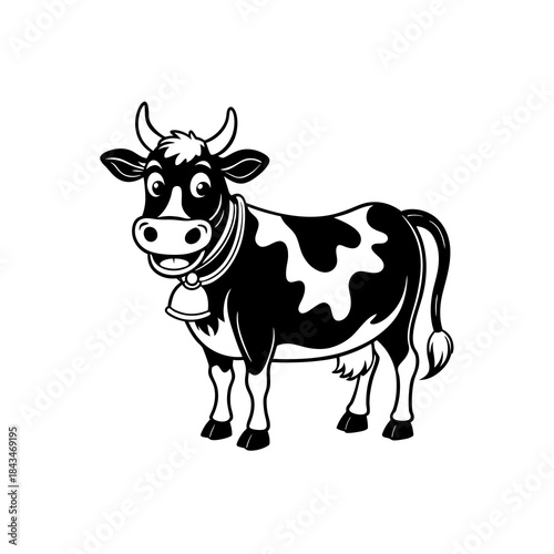 A happy black and white cartoon cow with horns and a bell around its neck, standing and smiling.