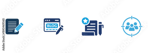 Content Marketing Strategy Icons: Blogging, Writing, Quality, and Target Audience