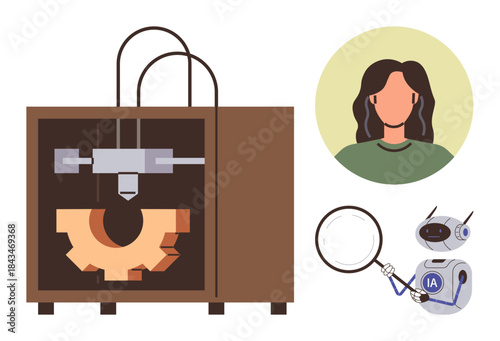 3D printer creating a gear, female avatar in a circular frame, and AI robot analyzing with a magnifying glass. Ideal for technology, innovation, AI, manufacturing, design, education and automation