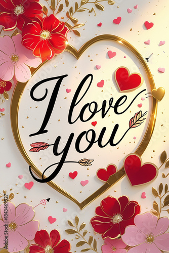 I Love you - A delicate, heart-shaped Valentine's Day card with a soft pink background, adorned with intricate floral patterns 