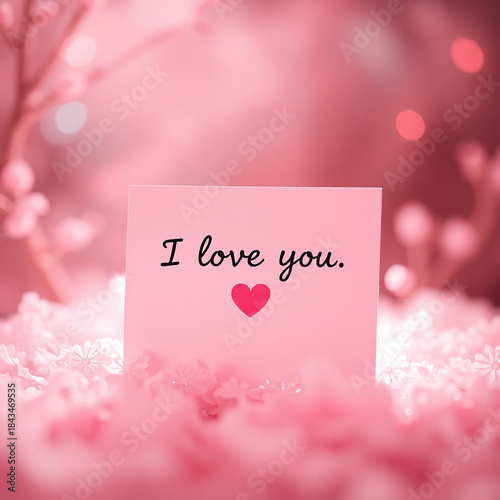 I Love you - A delicate, heart-shaped Valentine's Day card with a soft pink background, adorned with intricate floral patterns 