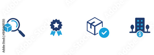 Business Logistics Quality and Finance Icons Set: Search, Award, Delivery, Cost