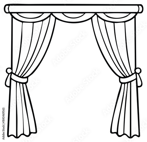 Stylized illustration of decorative stage curtains pulled back with ties