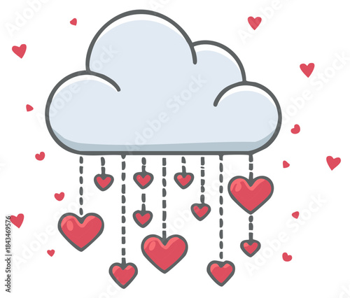 Whimsical cartoon cloud raining a shower of red hearts symbolizing love and affection