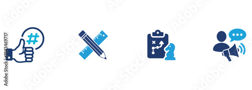 Marketing Strategy, Design, Social Media Engagement Flat Icons Set