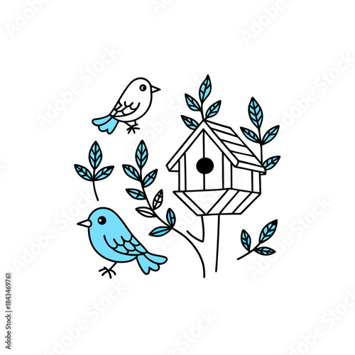 Two cute blue birds with a birdhouse and leaves, simple line art illustration.