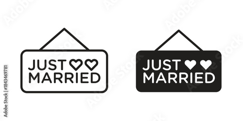 Just married icons. Solid black silhouette and line art outline. Minimal design element,
