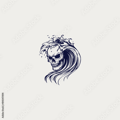 Vintage black and white illustration of a human skull merging with a powerful ocean wave, hand drawn style vector