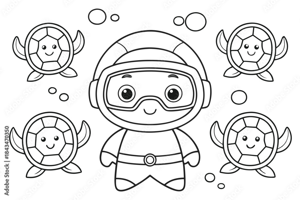 Fototapeta premium Cute Scuba Diver Kid Underwater Adventure Black and White Outline for Kids Coloring Page